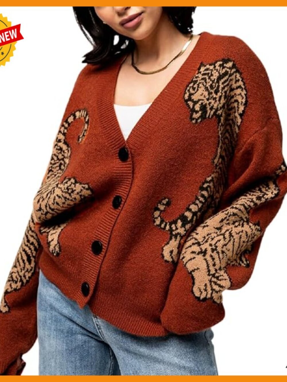 Tiger Print Cardigan Sweater Long Sleeve Button Down Loose Fit Cropped